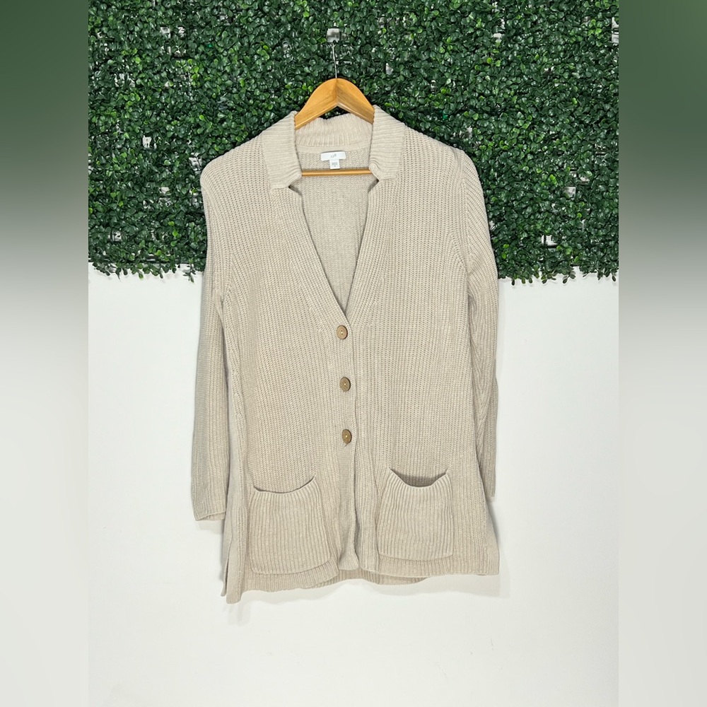 J.Jill Button Front Knit Cardigan Sweater Pockets Collar Beige Cotton Blend M - Picture 1 of 11